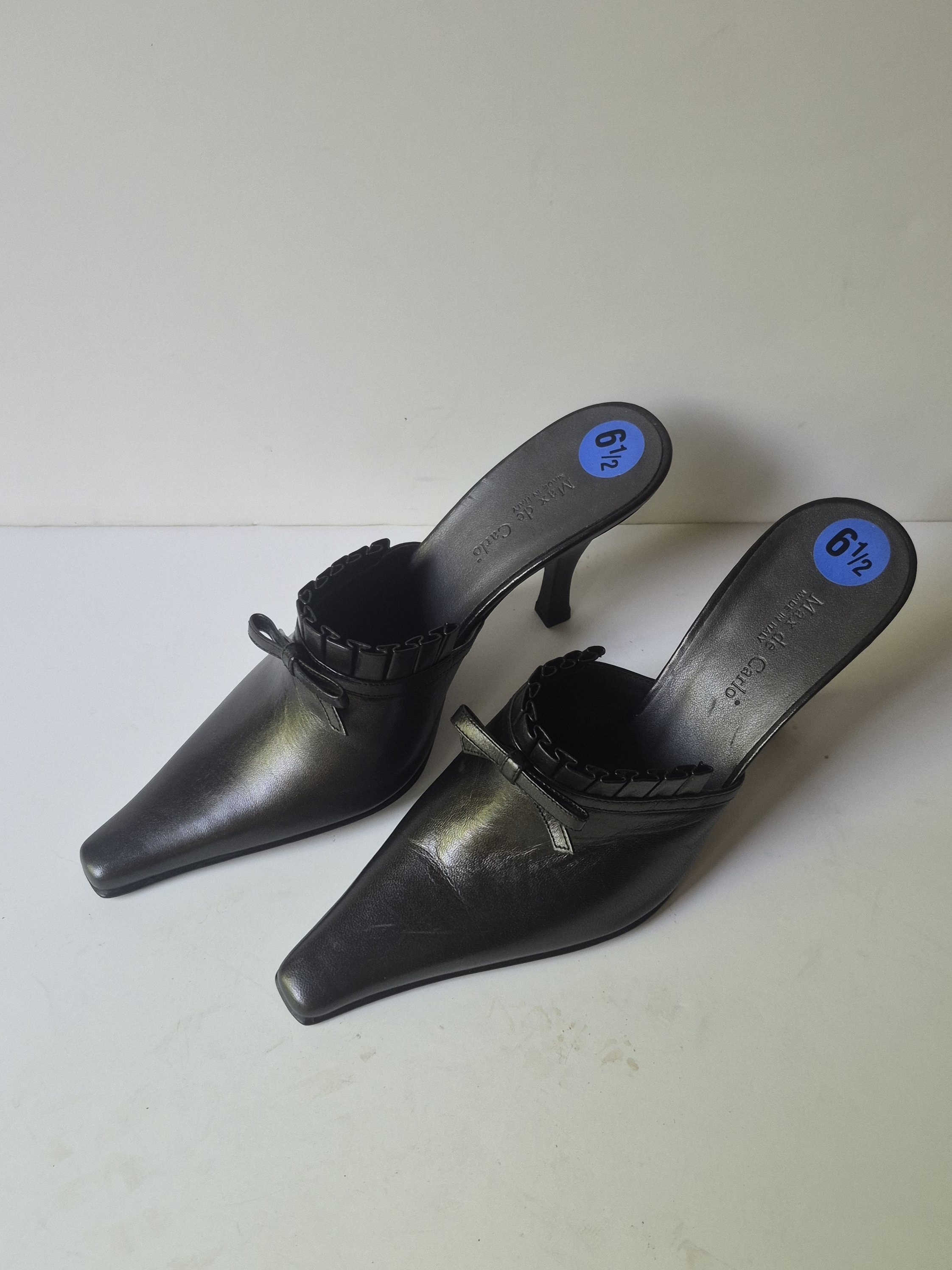 Max De Carlo Black Leather Pointed-Toe Slip-On Mules
